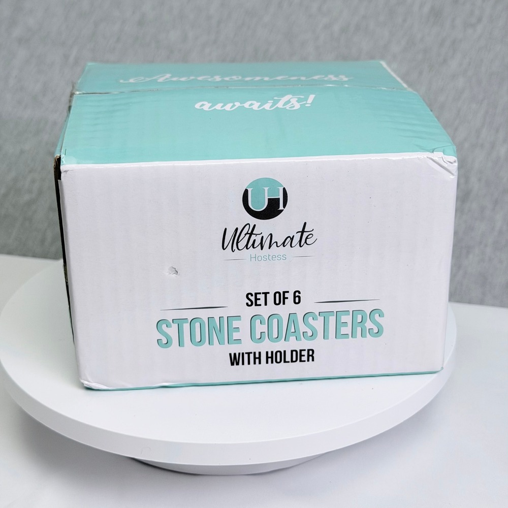 Ultimate Hostess Set of 6 Absorbent Stone Coasters with Holder New in Box